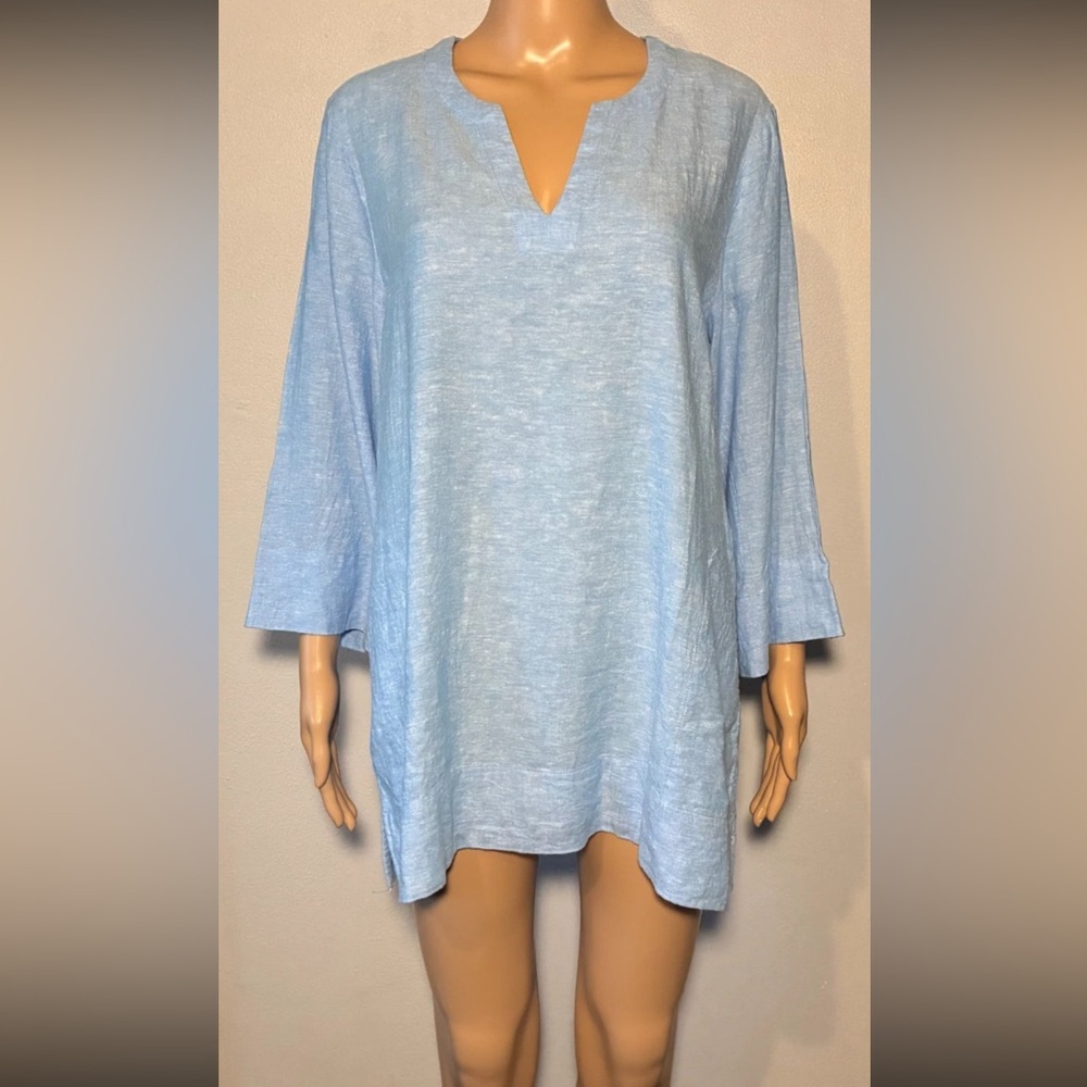 Lands' End Women's Blouse Size M Linen Blend Pullover Mock Neck Tunic Pockets